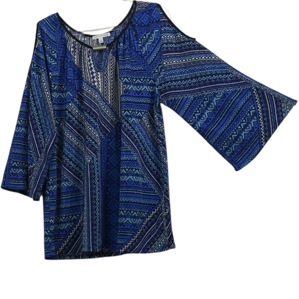 Notations Printed Pleated Keyhole Bell Top 2X